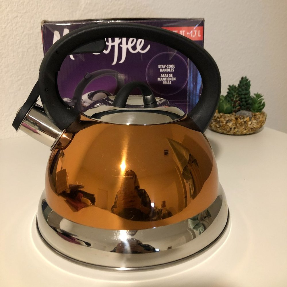 Mr. Coffee Flintshire Stainless Steel Whistling Tea Kettle, 1.75-Quart, Copper